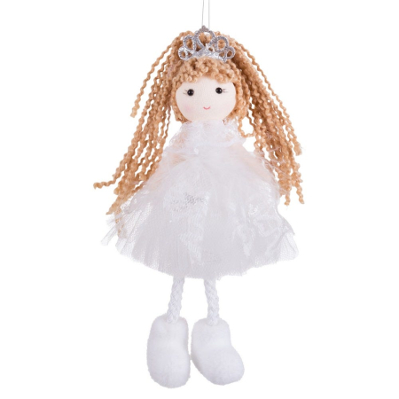 Scandinav - Set 12 păpuși de agățat din textil alb cu păr buclat coroniță argintie rochiță pufoasă și botine albe