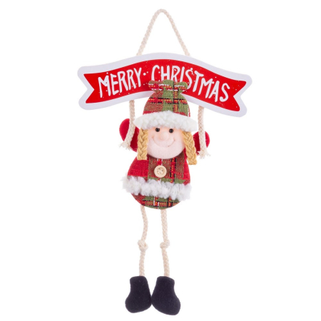 Clasic - Set 12 păpuși de agățat din textil în carouri roșii pe leagăn de sfoară cu placă Merry Christmas