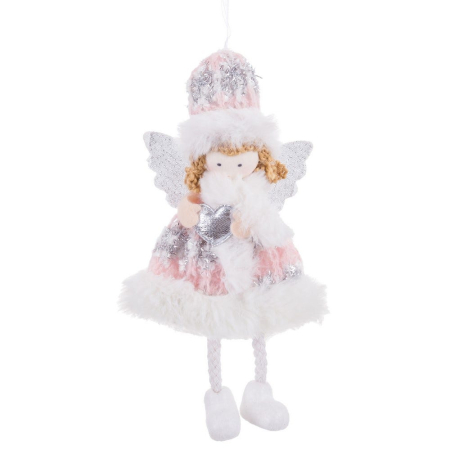Scandinav - Set 12 păpuși îngeri din textil roz și argintiu cu aripi argintii căciulă cu blană