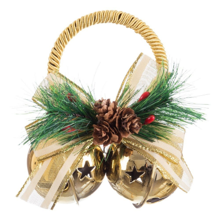 Obiecte decorative in Stil Clasic - Set 12 perechi de clopote aurii de ușă cu inel auriu crenguțe con de pin și fundă