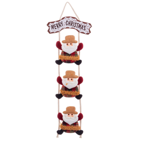 Clasic - Set 12 scări de agățat din sfoară cu trei Moși Crăciun din textil și placă Merry Christmas