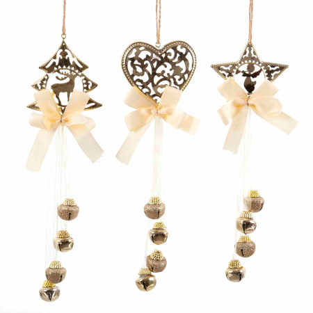 Obiecte decorative in Stil Clasic - Set 12 șiraguri de clopoței aurii cu stea inimă sau brad decupate fin fundă crem și frânghie