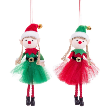Clasic - Set 12 spiriduși păpuși de agățat din textil în două modele cu fustă de tul verde sau roșie