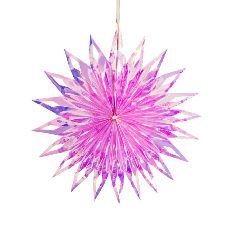 Craciun - Set 12 stele de agățat din PET fucsia irizate cu reflexe violet pliate în evantai cu vârfuri fine