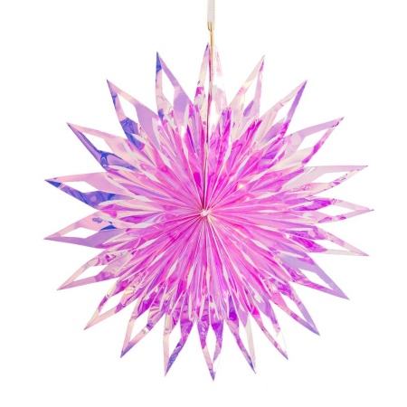 Craciun - Set 12 stele de agățat din PET fucsia irizate cu reflexe violet pliate în evantai cu vârfuri lungi