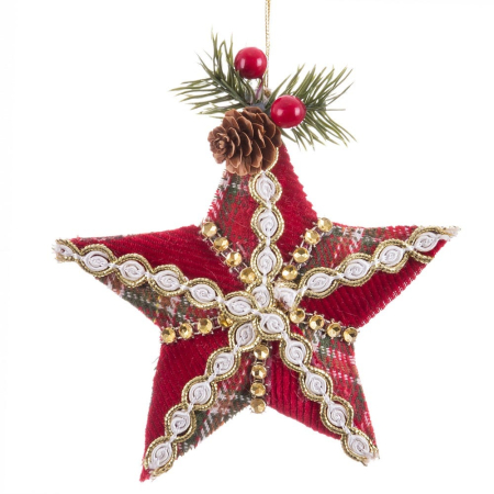 Clasic - Set 12 stele de agățat din textil roșu în carouri cu broderie de perle și con de pin