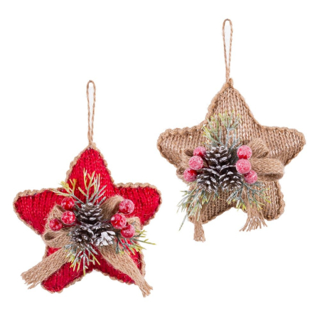 Craciun - Set 12 stele de agățat din tricot roșu sau iută cu con de pin și crenguțe