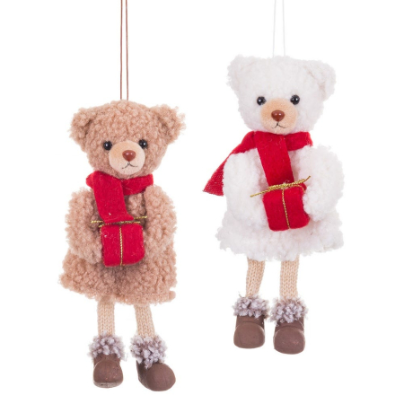 Scandinav - Set 12 ursuleți de pluș de agățat din textil în două culori cu fular roșu și cadou