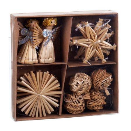 Obiecte decorative in Stil Festiv - Set 14 ornamente din paie în patru modele cu îngeri stele discuri solare și bile împletite în cutie