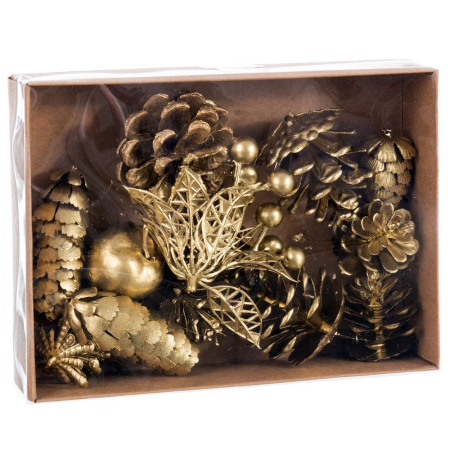 Obiecte decorative - Set 16 conuri aurii din plastic cu bace și frunze sclipitoare pentru aranjamente în cutie maro cu capac