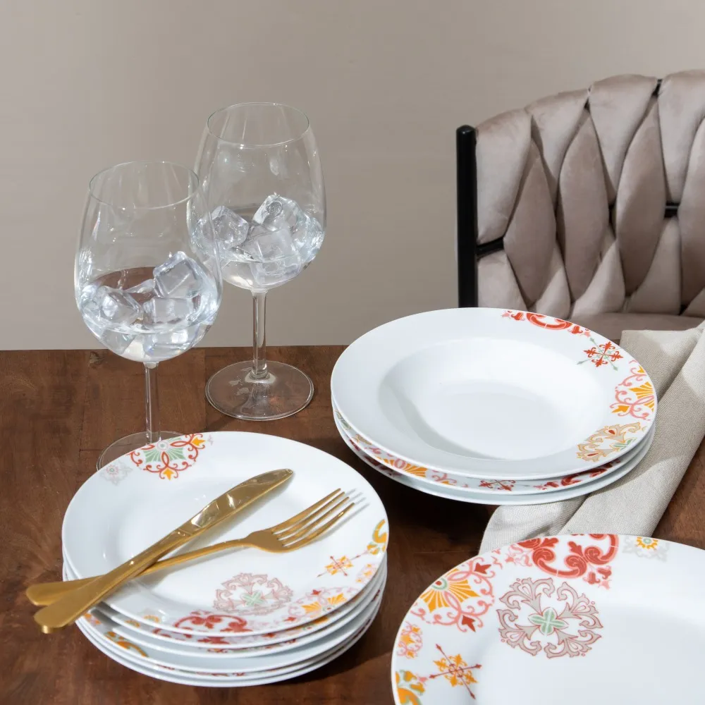 Set 18 Farfurii Portelan Alb Model Rosu Mustar - CreativDeco.ro [5]