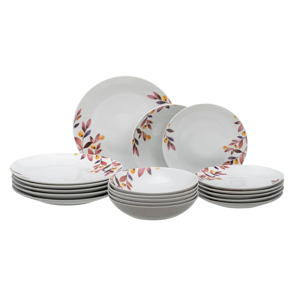 Set 18 Farfurii Portelan Albe Pictate cu Frunze - CreativDeco.ro [1]