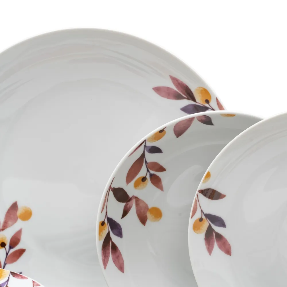 Set 18 Farfurii Portelan Albe Pictate cu Frunze - CreativDeco.ro [2]
