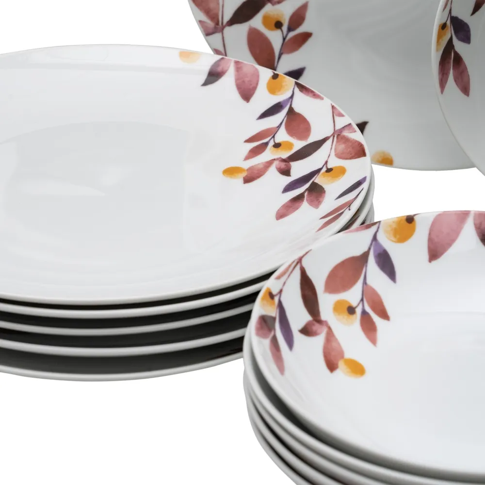 Set 18 Farfurii Portelan Albe Pictate cu Frunze - CreativDeco.ro [6]