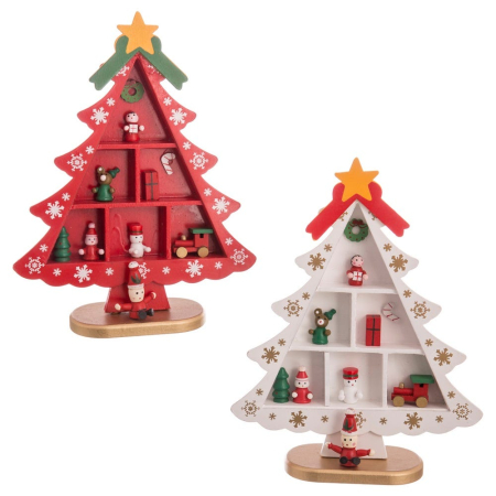 Craciun - Set 2 brăduți decorativi cu compartimente și figurine în miniatură unul roșu și unul alb cu bază aurie