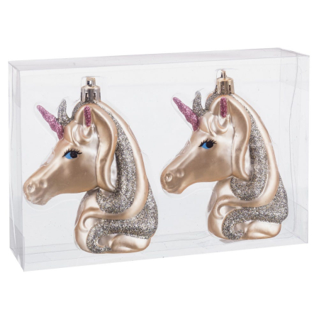 Craciun - Set 2 capete de unicorn aurii cu corn subțire și coamă sclipitoare argintie pentru brad în cutie transparentă