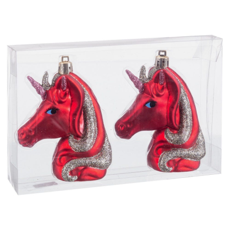 Craciun - Set 2 capete de unicorn roșii cu corn subțire și coamă sclipitoare argintie pentru brad în cutie transparentă