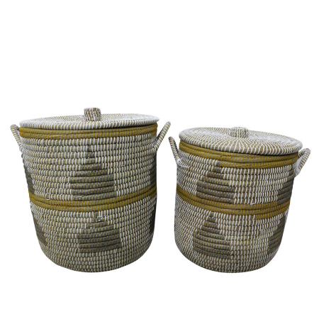 Cosuri - Set 2 coșuri cu capac fibră vegetală multicoloră și fir sintetic