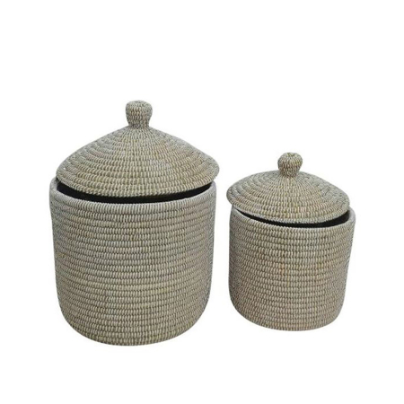 Cosuri - Set 2 coșuri fibră vegetală pvc alb cu capac