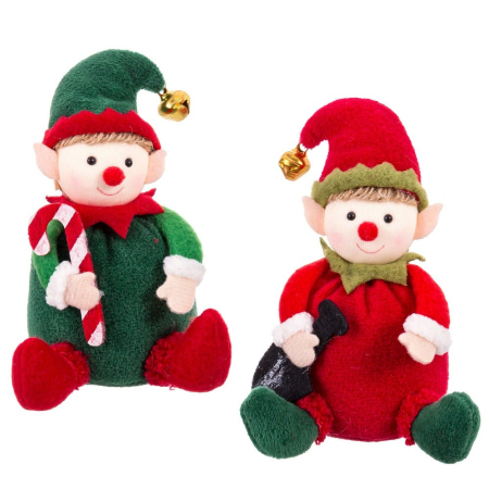 Craciun - Set 2 elfi așezați din textil în două modele cu costum verde sau roșu și bastonaș dulce