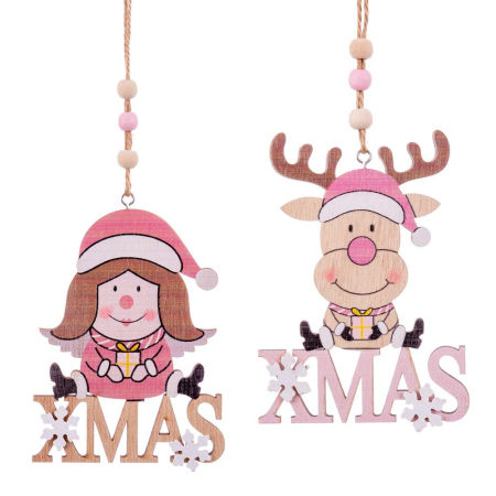 Colectia noua - Set 2 figurine de agățat pe ușă cu fetiță și ren cu căciulă roz pe litere XMAS