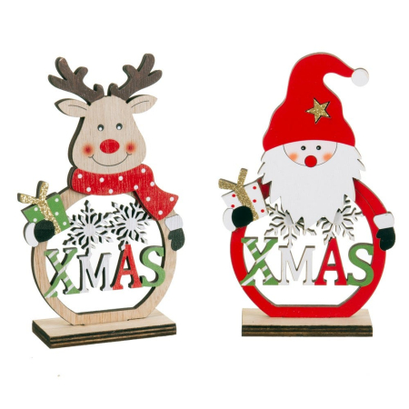 Craciun - Set 2 figurine din lemn cu ren cu nas roșu și Moș Crăciun cu inscripția XMAS pe soclu