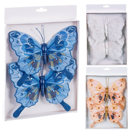 Scandinav - Set 2 fluturi albaștri din pene cu aripi bogat decorate în trei variante albastru alb sau portocaliu