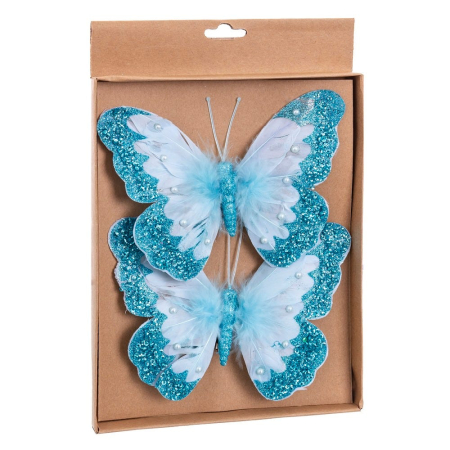 Scandinav - Set 2 fluturi cu clips turcoaz cu alb cu sclipici pentru brad ghirlandă și buchete