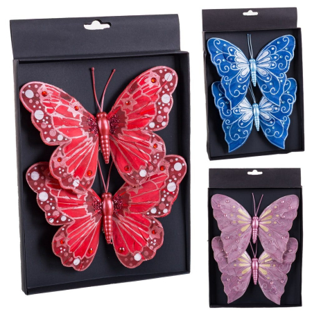 Obiecte decorative in Stil Festiv - Set 2 fluturi mari cu clips în trei culori roșu albastru sau mauve cu buline pe aripi