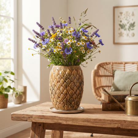 Ghivece, Vase Exterior - Set 2 ghivece decorative din ceramică muștar cu model solzi