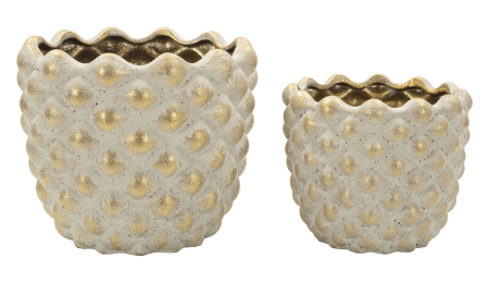 Obiecte decorative - Titlu imagine principală: Set 2 ghivece decorative gri și auriu din ceramică cu textură geometrică reliefată