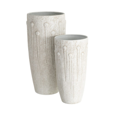 Obiecte decorative in Stil Mediteranean - Set 2 ghivece înalte din metal alb nisipat de formă cilindrică cu motive în relief ca niște păpădii