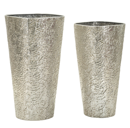 Obiecte decorative in Stil Contemporan - Set 2 ghivece înalte din metal argintiu cu textură în relief și gură largă