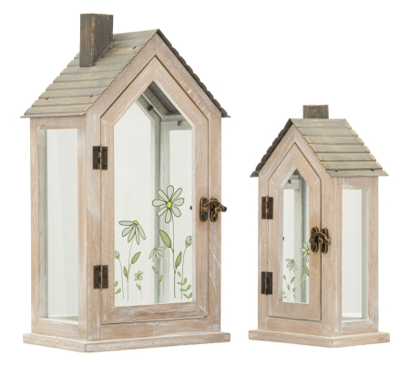 Felinare - Set 2 lanterne lemn decupaj floral geam sticlă