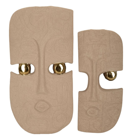 Masti de perete - Set 2 măști decorative de perete din ceramică maro cu detalii aurii design tribal decorativ