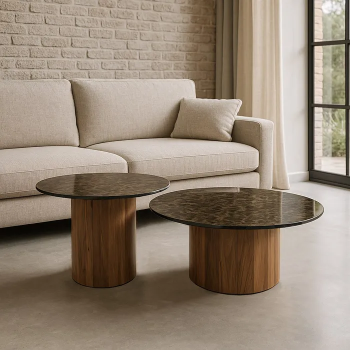 Set masute ceramica maro marmura si acacia, rotunde elegante [11]