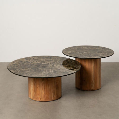 Masute Cafea - Set masute ceramica maro marmura si acacia, rotunde elegante