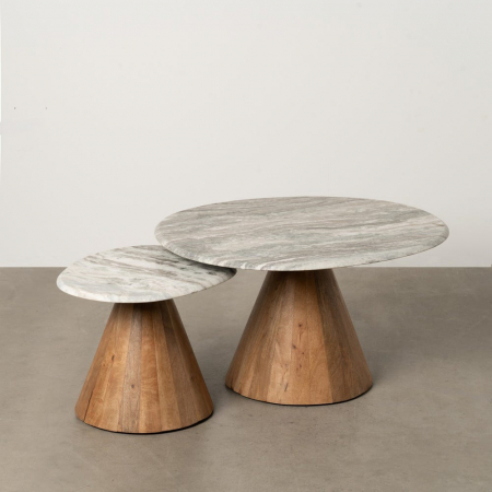 Mese in Stil Minimalist - Set masute marmura gri si mango natur, blat rotund si baza conica