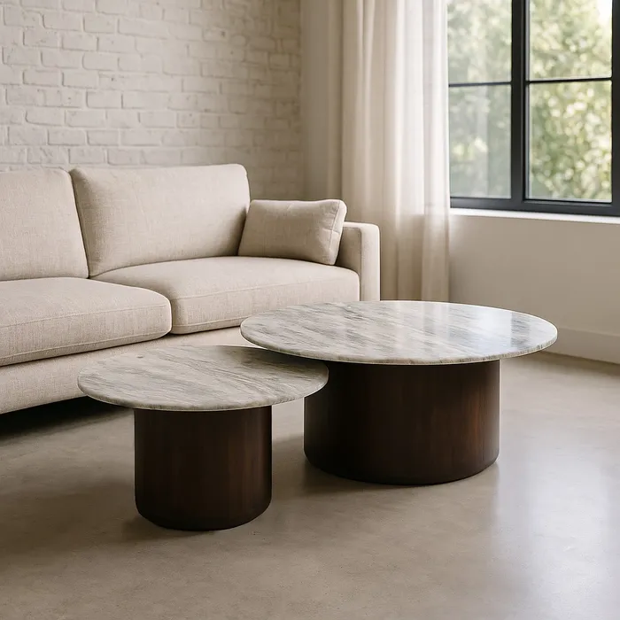 Set masute marmura si lemn mango, blat alb si baza maro inchis [10]