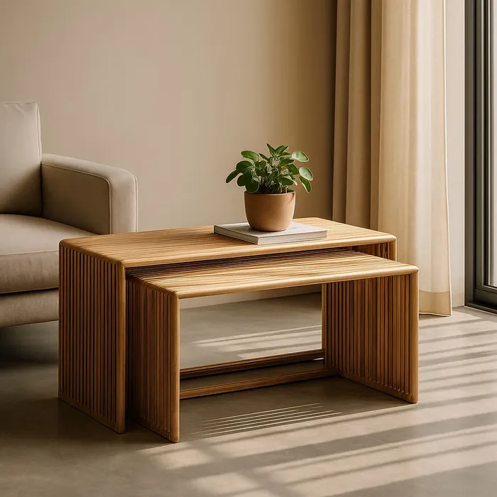 Set masute nesting tec reciclat, lemn natur, lamele verticale