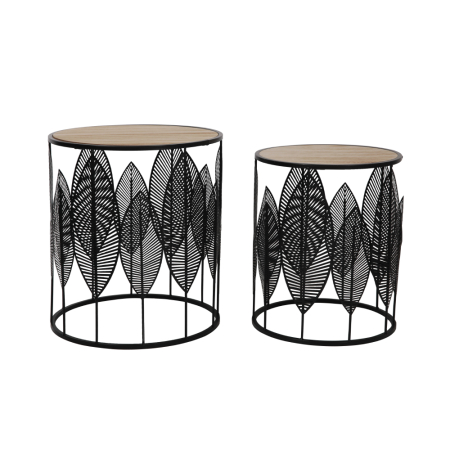 Mese in Stil Contemporan - Set măsuțe de cafea rotunde din MDF furniruit și metal negru cu blat aspect lemn