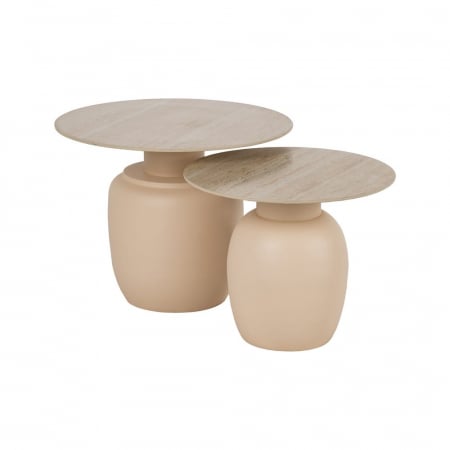 Set masute ceramica bej travertin si metal, rotunde, sculpturale [1]