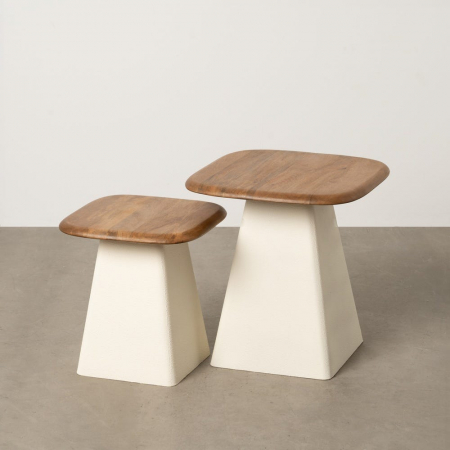 Masute Laterale - Set masute patrate mango si metal crem mat, stil japandi modern
