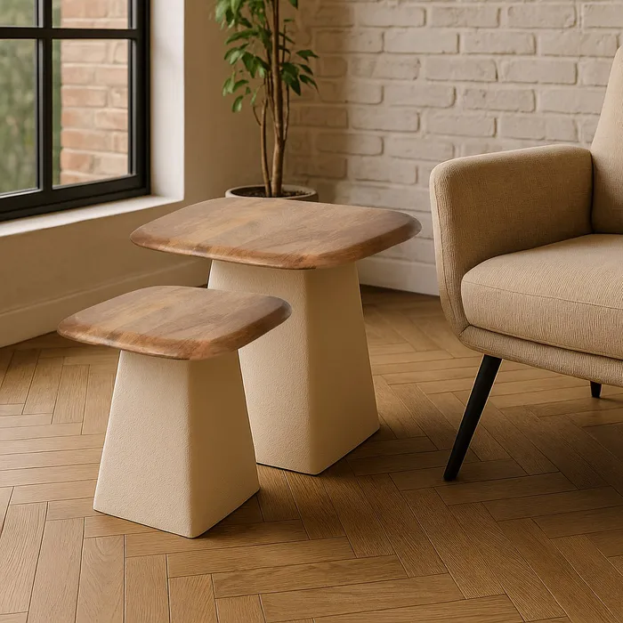 Set masute patrate mango si metal crem mat, stil japandi modern [1]