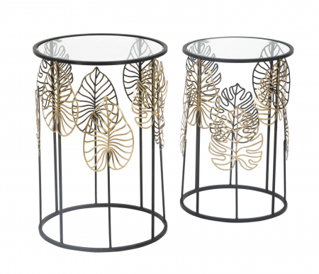 Set 2 masute laterale Leaves, metal sticla, negru auriu [1]