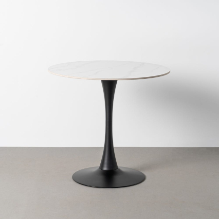 Mese Dining - Set 2 mese rotunde albe din piatra sinterizata cu structura metalica neagra 80x80x75 cm