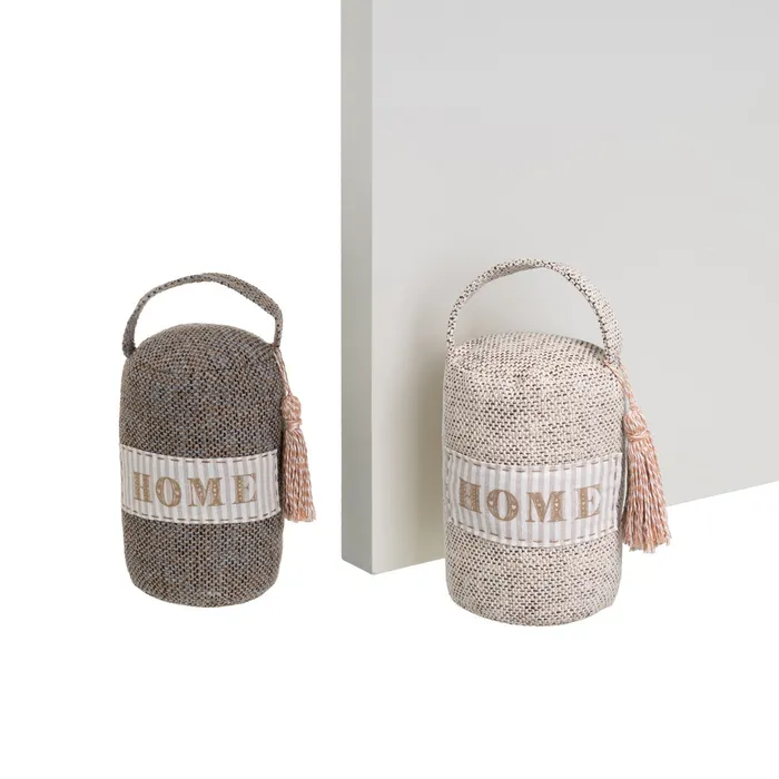 Opritoare pentru usi - Set 2 opritoare de ușă cilindrice textile cu mesaj Home și ciucure decorativ