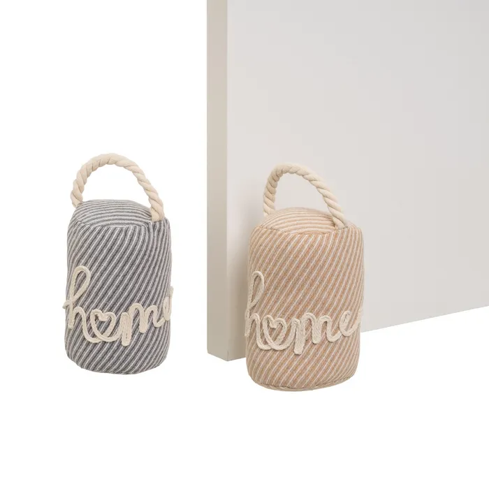 Opritoare pentru usi - Set 2 opritoare de ușă cilindrice textile cu mesaj Home și mâner împletit