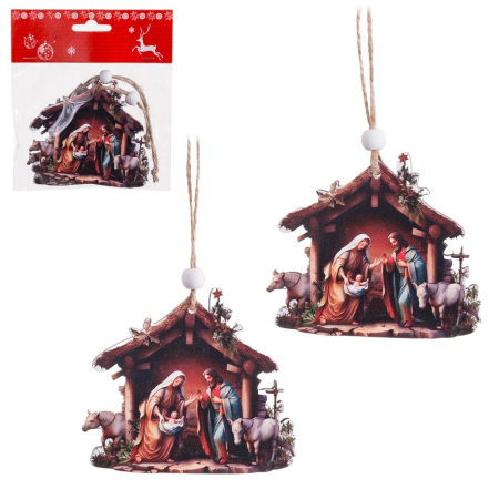 Obiecte decorative - Set 2 ornamente iesle din lemn în formă de staul cu imagine a Nașterii Domnului și animalele