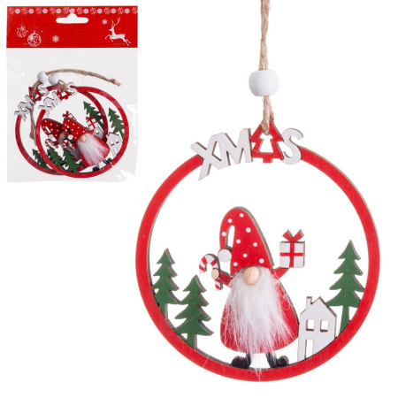 Craciun - Set 2 ornamente inel roșu din lemn cu litere XMAS și spiriduș cu barbă pufoasă baston și cadou